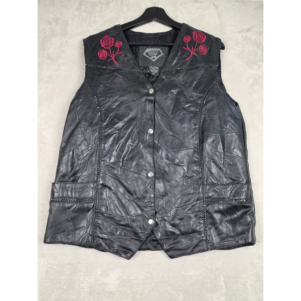Diamond Plate Leather Vest Womens 2X Black Patchwork Rose Biker‎ Snap Fits Small